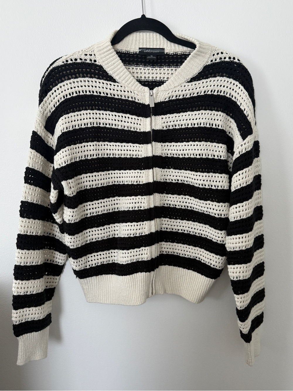 Sanctuary Black and Cream Striped Zip Front Crochet Cardigan